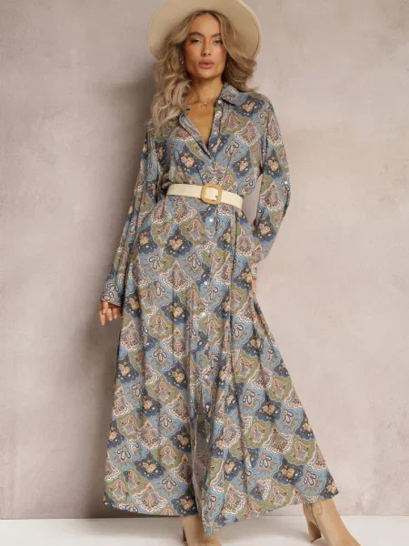 Sukienka Koszulowa we Wzór Paisley Zeli niebieska