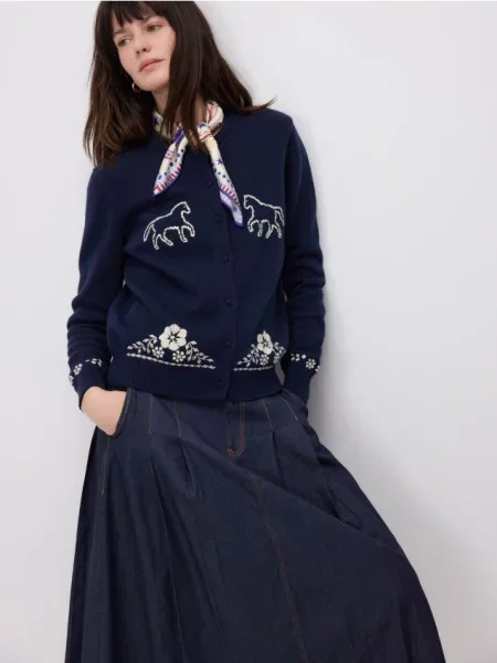 Reserved Cardigan din cu broderie bleumarin