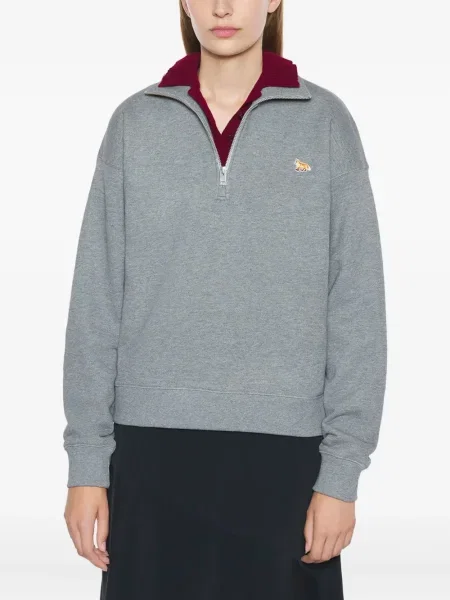 Hanorac Maison Kitsune cu broderie de jumătate de fermoar gri