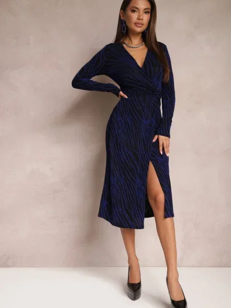 Rochie Bleumarin Strălucitoare Tip Sacou Midi Zaola