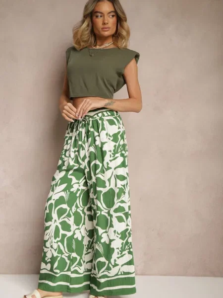 Spodnie o Szerokim Kroju High Waist w Kwiaty Nelrive zielone
