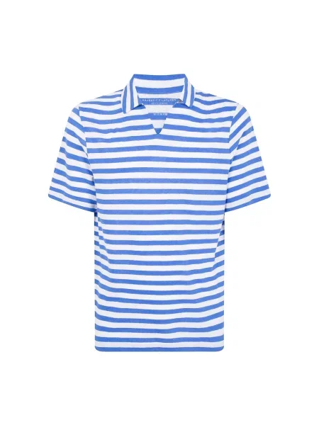 Koszulka polo Majestic Filatures w paski z dekoltem w serek z paskiem niebieska