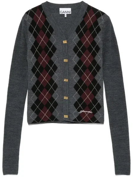 Cardigan Ganni tricotate cu model argyle gri