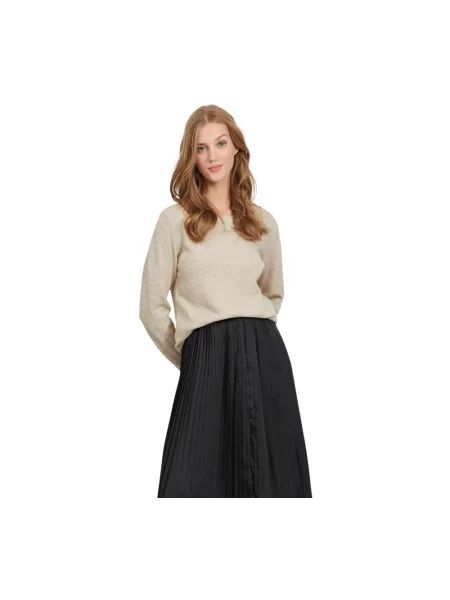 Sweter z dzianiny z okrągłym dekoltem model ‘Viril’ Vila beżowy