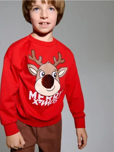 Sinsay Vánoční mikina typu crewneck s motivem soba červená