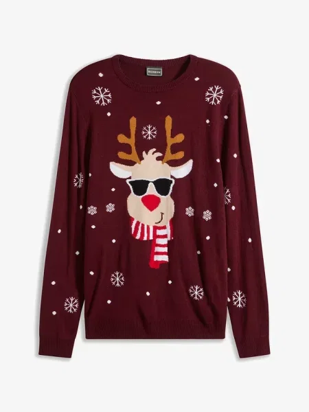 Sweter z cienkiej dzianiny z bożonarodzeniowym motywem czerwony