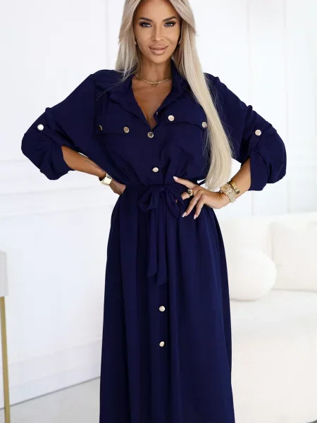 Sukienka koszulowa Numoco Basic do kolan garniturowa niebieska