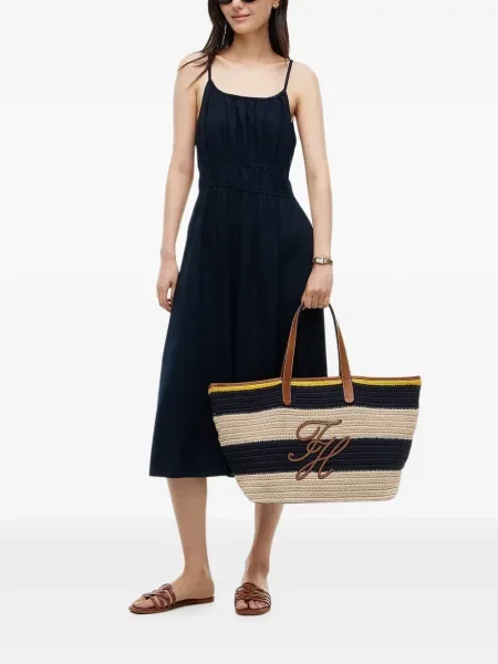 Prugasta shopper torbica Tommy Hilfiger s autogramom plava