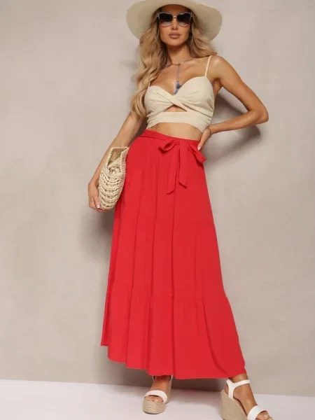 Rozkloszowana Spódnica Maxi z z Materiałowymi Paskami Wintelis czerwona