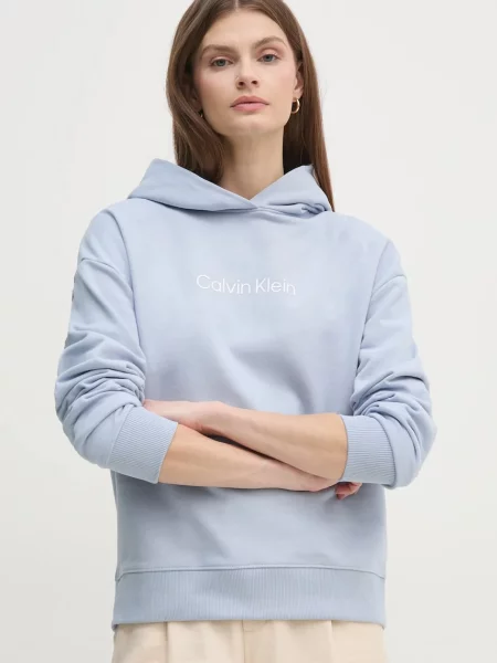 Суичър с качулка Calvin Klein с качулка с принт синьо