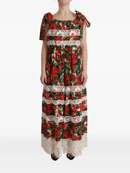 Rochie maxi Dolce & Gabbana cu model floral cu imagine din dantelă roșu