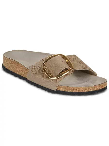 Papuci Birkenstock cu cataramă cu toc plat bej