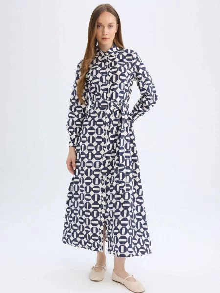Długa sukienka koszulowa Defacto z nadrukiem z długim rękawem