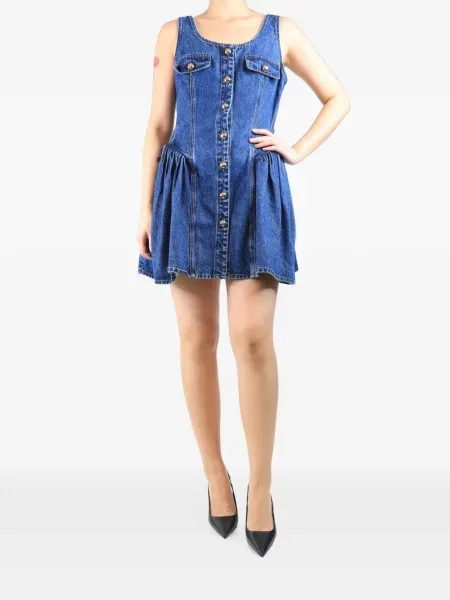 Rochie din denim Self-portrait evazată albastru