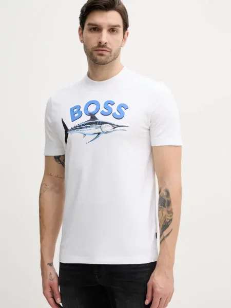 Тениска BOSS Orange бежово с принт бяло
