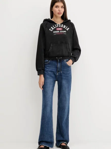 Bombažen pulover Guess Jeans s kapuco črna