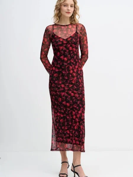 Never Fully Dressed sukienka Cherry Mesh Soho maxi dopasowana bordowy
