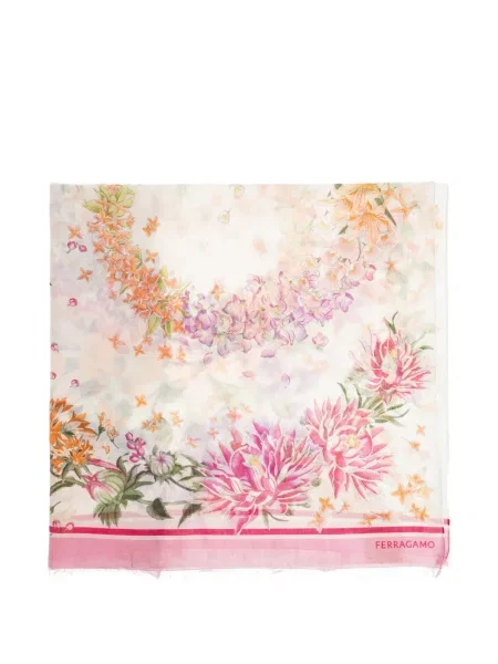 Fular Ferragamo cu franjuri cu model floral roz