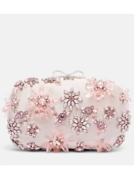 Geantă plic Self-portrait din satin cu model floral roz
