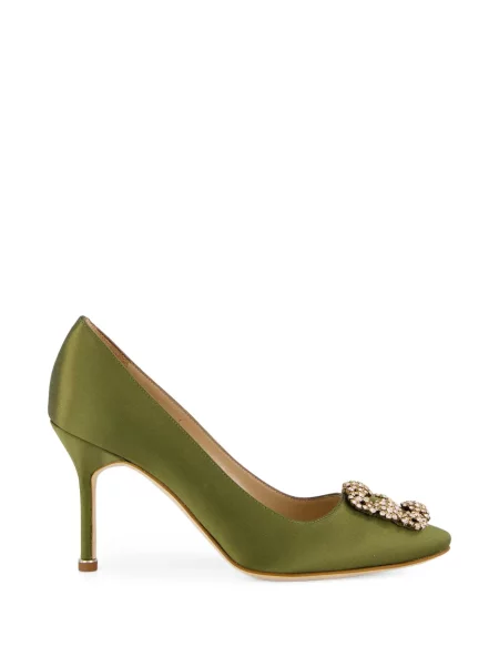 Pantofi cu toc Manolo Blahnik din satin cu cataramă verde