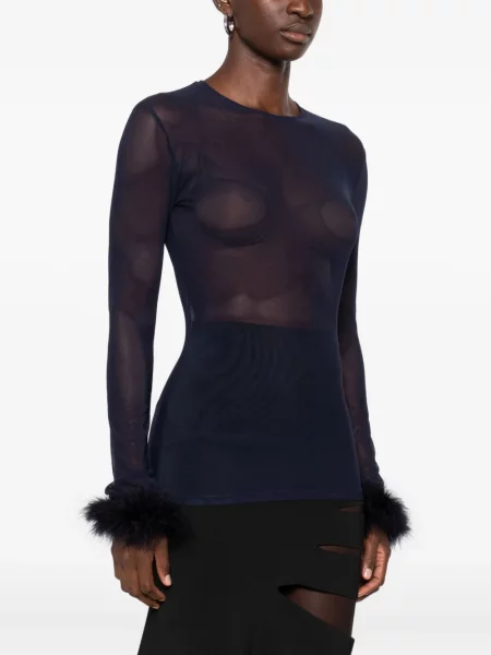 Top Mugler cu pene plasă albastru