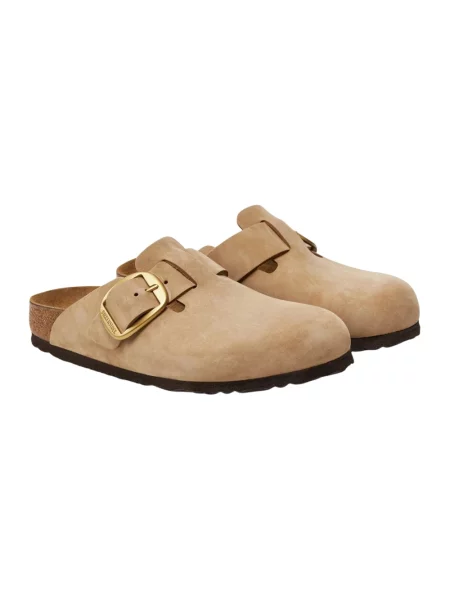 Klapki Birkenstock zamszowe na sprzączkę beżowe