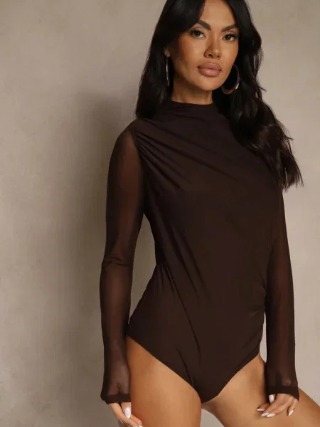 Body Longsleeve ze Stójką z Siateczki z Domieszką Liravia brązowe