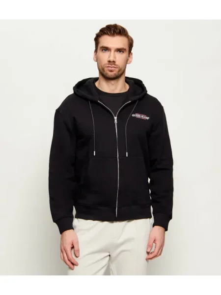 Geacă de blugi Guess Jeans cu glugă clasică negru