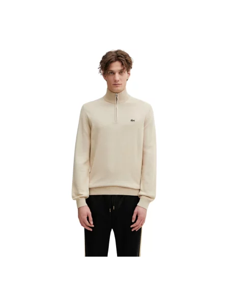 Lniany sweter z golfem Lacoste beżowy