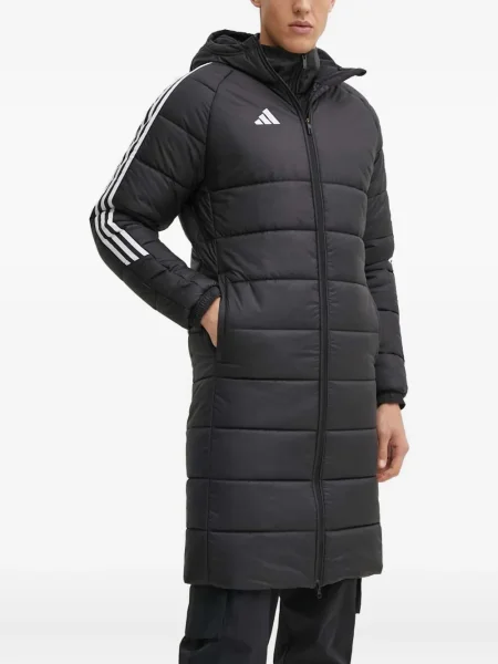 Geacă cu puf Adidas din piele de căprioară cu dungi cu glugă albastru