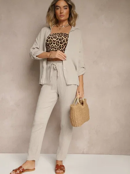 Muślinowy Komplet z Bawełny Spodnie i Koszula z Regulowanymi Rękawami Janalise beżowy