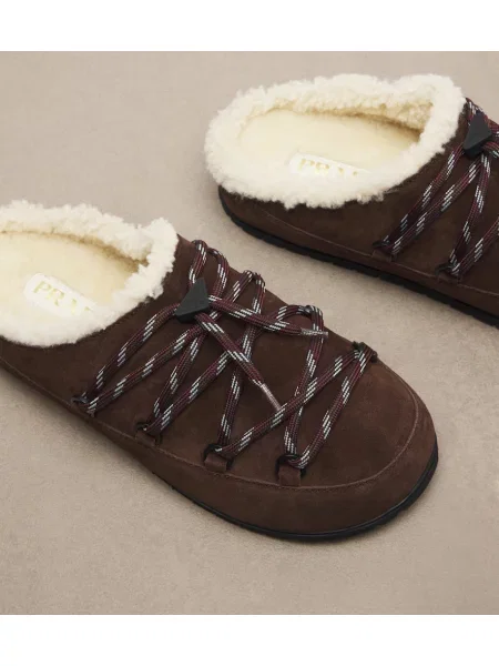 Papuci tip mules Prada din piele de căprioară maro
