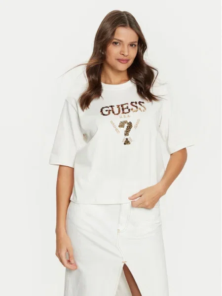 Guess Tričko Tmavomodrá Boxy Fit béžová