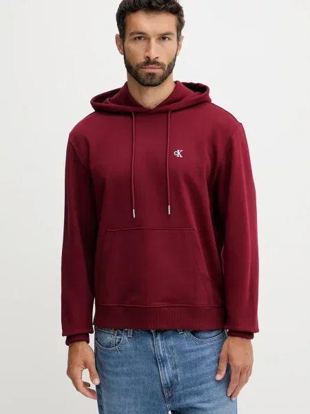 Dukserica Calvin Klein Jeans s kapuljačom bez uzorka bordo
