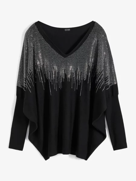 Sweter z cienkiej dzianiny z rękawami typu nietoperz i kryształkami czarny