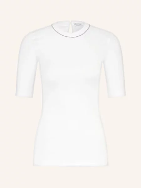 Brunello Cucinelli T-Shirt Z Ozdobnymi Perełkami weiss biała