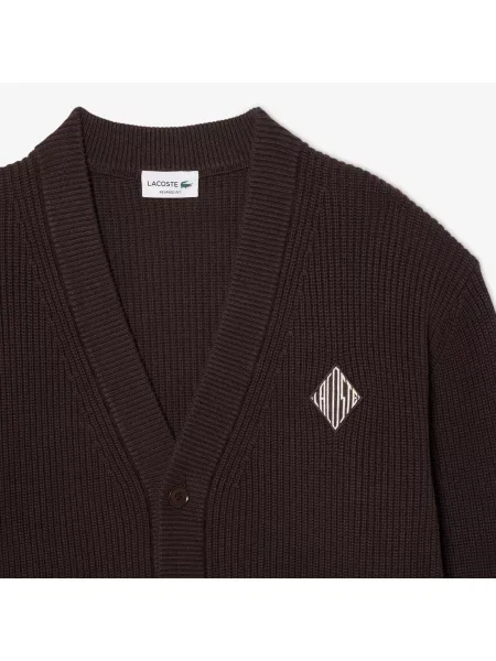 Lacoste Kardigan Z Dekoltem V Relaxed Fit Ciemnobrązowy brązowy