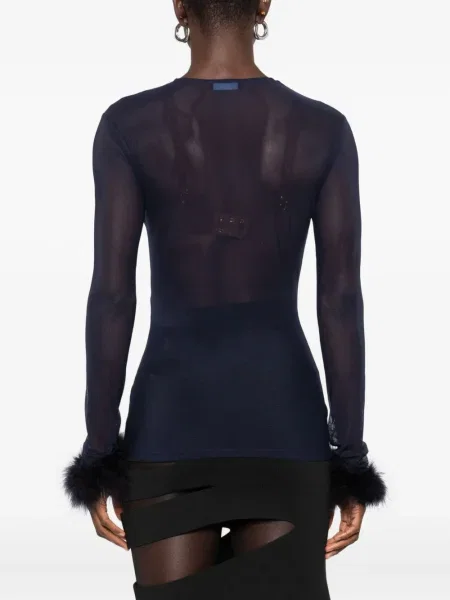 Top Mugler cu pene plasă albastru