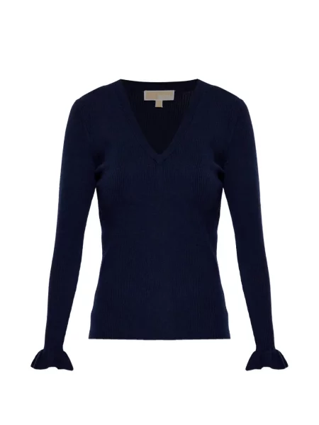 Pulover Michael Michael Kors cu decolteu în V cu volane cu nervuri albastru