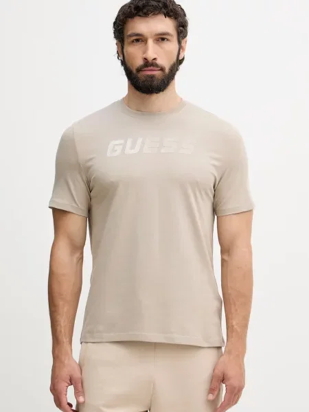 Guess T-shirt z bawełną BRUCE beżowa