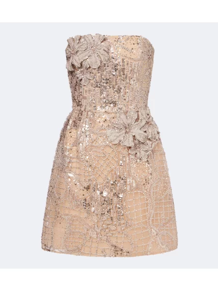 Sukienka Elie Saab w kwiatki tiulowa z naszywkami beżowa