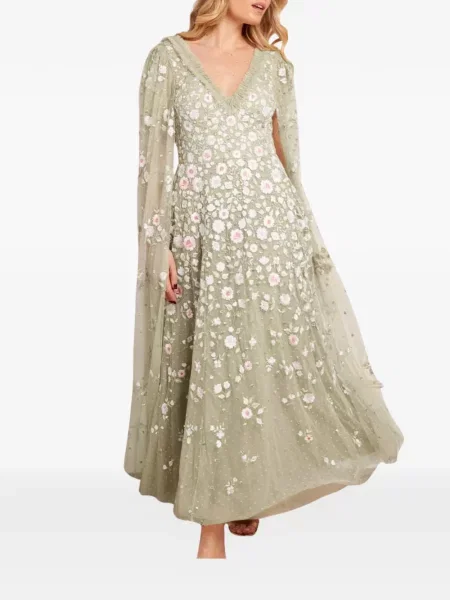 Rochie maxi Needle & Thread cu model floral cu imagine de costum verde
