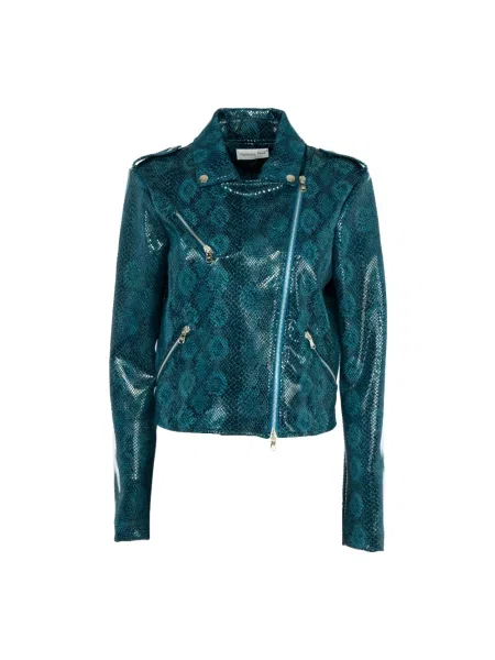 Kurtka skórzana Patrizia Pepe z nadrukiem zwierzęcym niebieska