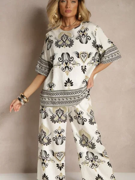 Komplet w Orientalny Print Szerokie Spodnie i T-shirt Pollialia czarny