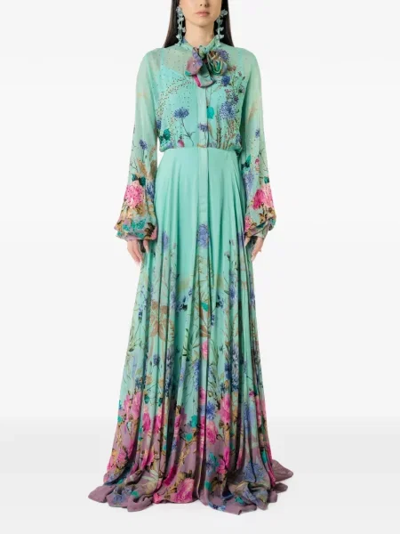 Rochie maxi Miau By Clara Rotescu cu funde cu model floral albastru