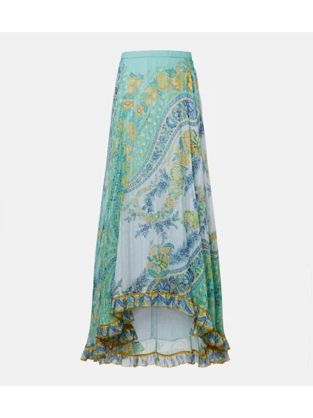 Fustă midi Etro de mătase cu model floral asimetrică verde