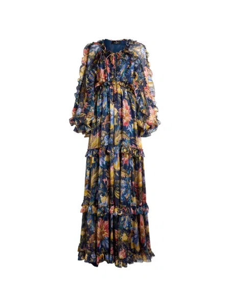 Rochie Etro de mătase cu model floral cu volane albastru