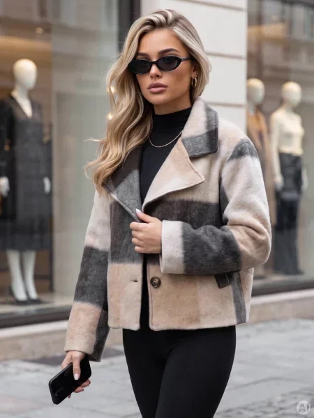 Krótki płaszcz z wełną w dużą kratę Dstreet beżowy