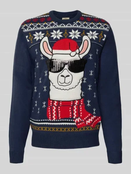 Sweter z dzianiny z prążkowanymi wykończeniami Montego granatowy