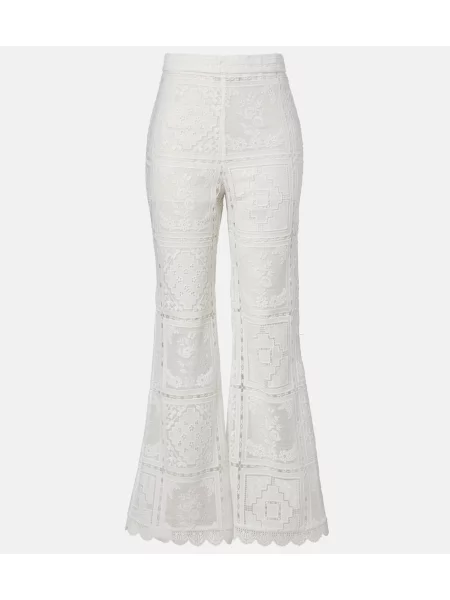 Pantaloni Zimmermann cu model floral din dantelă evazate alb